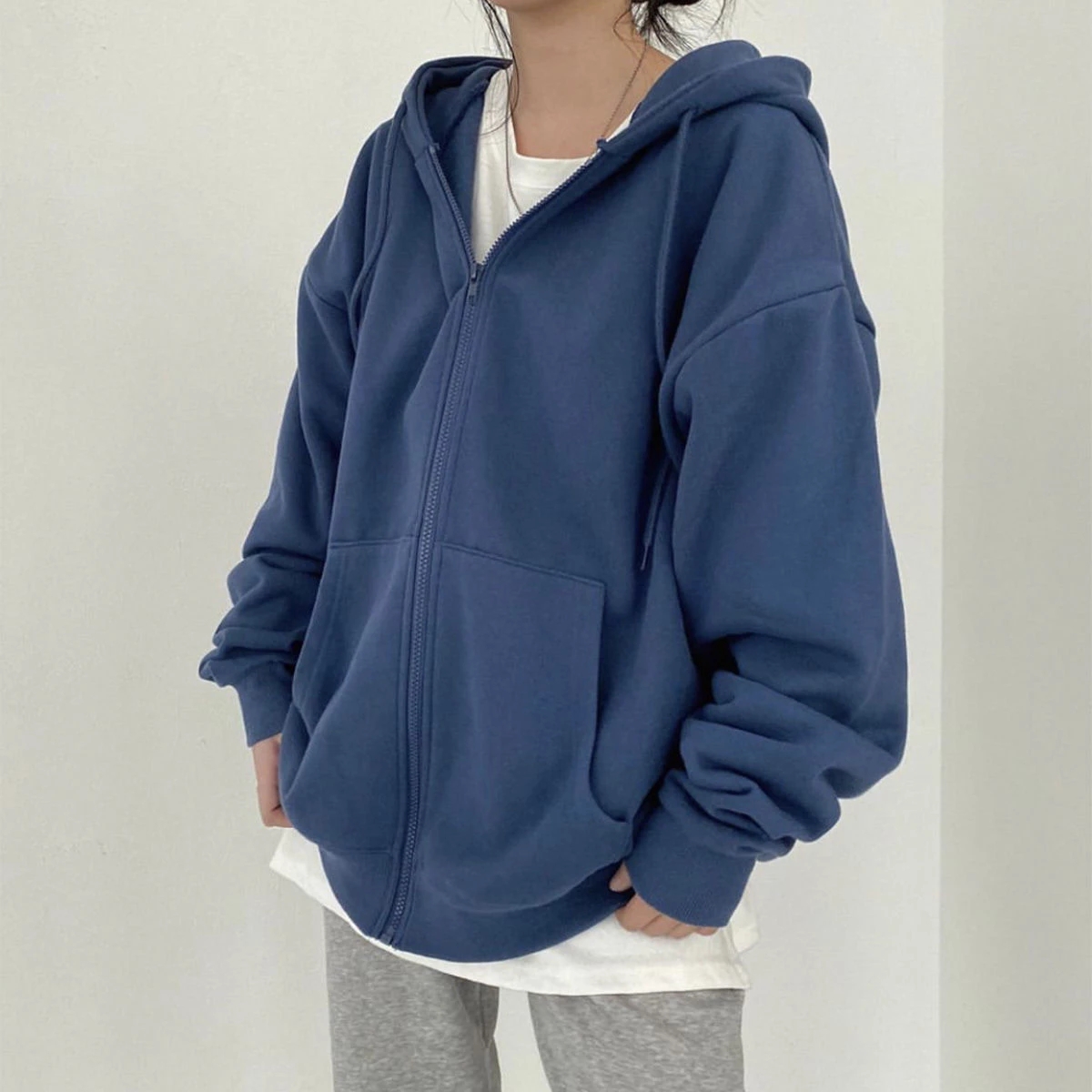 

Women Hoodies Solid Color Zip Up Pocket Oversized Harajuku Korean Sweatshirts Female Long Sleeve Hooded Streetwear Casual Top, Blue