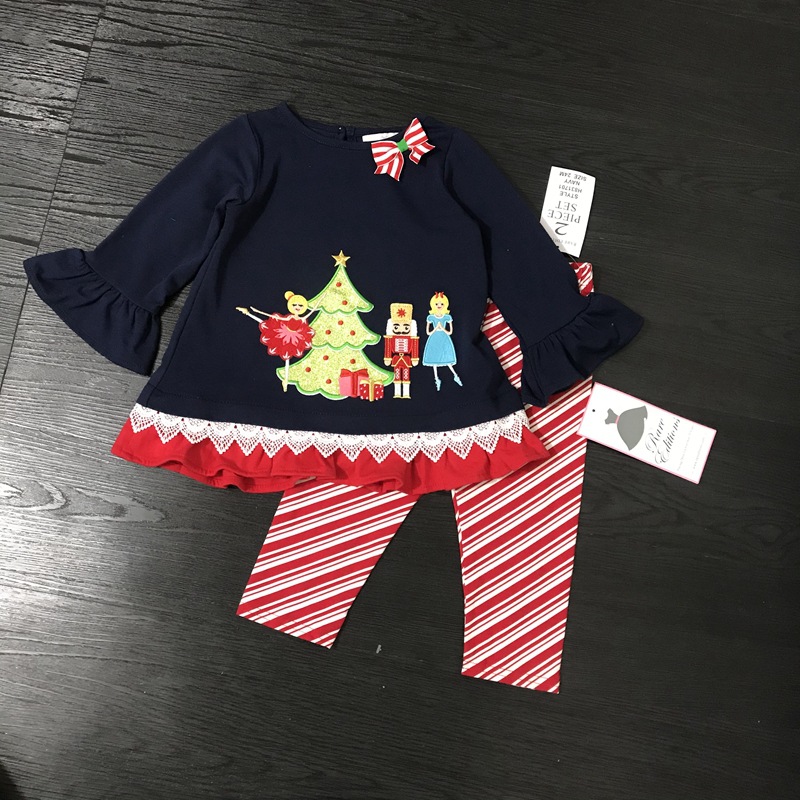 

10 sets lot 12m6x rare editions kids clothing sets christmas tree girl red stripe blouse and pants new year outfit, Customize