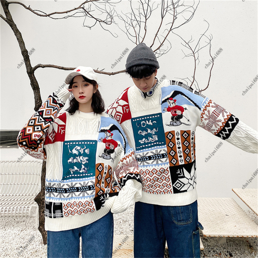 

2021 new hot Christmas sweater women's winter lazy wind bear Christmas couple sweater coat loose embroidery M-3XL