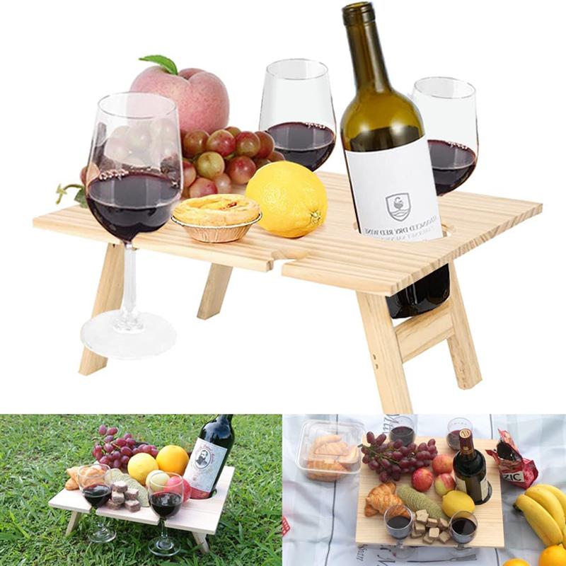 

Camp Furniture Portable Camping Table Wooden Outdoor Wine Glass Holder Fruits Snack Rack Picnic Tables Countryside Garden Tourist Folding