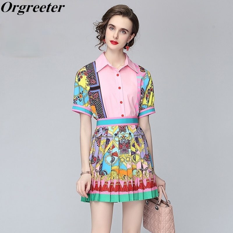 

Summer Exquisite retro printing Short Sleeve Shirt Two piece set Women High waist Pleated A-line Mini Skirts Suits 210525, Pink