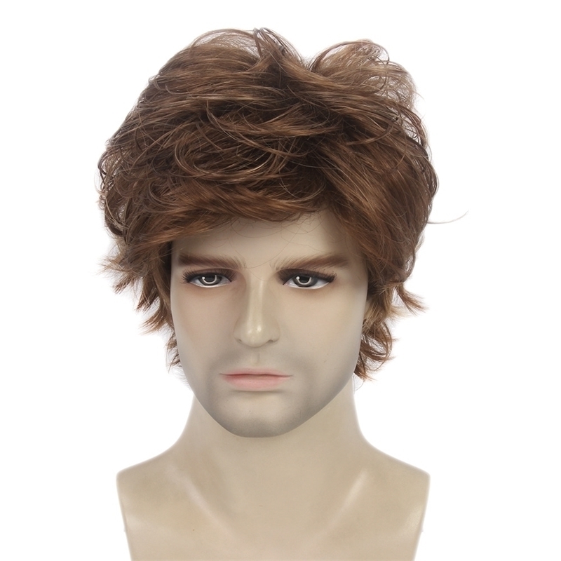 

brown Handsome natural curly fashion short straight oblique bangs wig men's hair set, Picture color