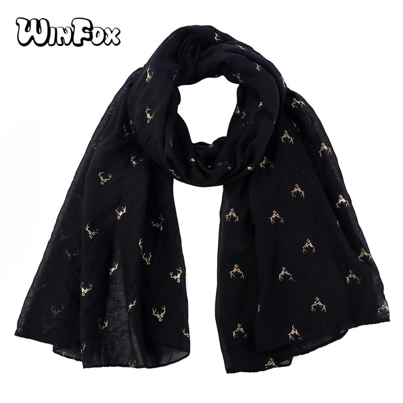 

Winfox Fashion White Black Bronzing Gold Moose Deer Stag Head Soft Scarf Shawls For Ladies Women Christmas Gift Bandanas