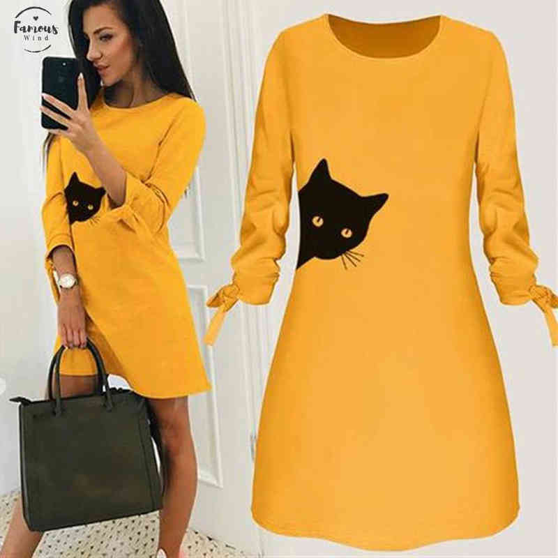 Women Fashion O Neck Cat Print Casual Bow Elegant Straigth Dress Mini Dresses 3 4 Sleeve Comfortable Plus Size-image-536105766