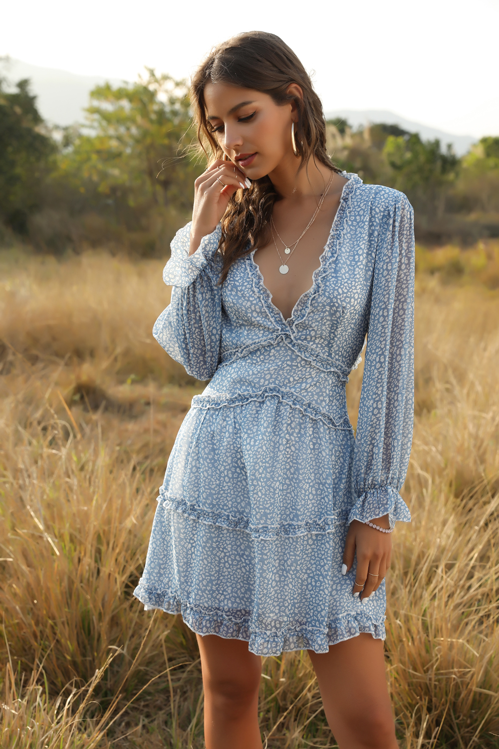 

women's summer dress long sleeve deep V-neck ruffled floral print skirt midi dresses
