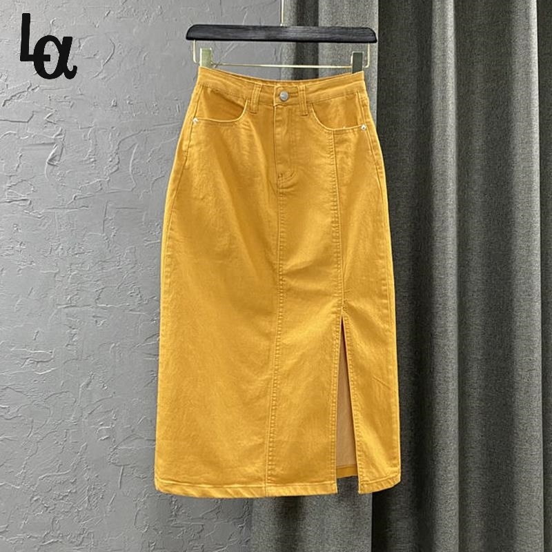 

Chic High Waist Side Slit Denim Mid-Length Skirt Vintage Harajuku Split Jean Skirts Women Clothing Streetwear Yellow Blue 210519