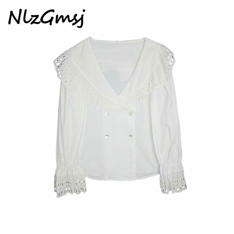 

Blouse Summer Embroidery White Shirt Lapel Long Sleeve top Casual Button Office Solid Female Blouse 210628, As picture