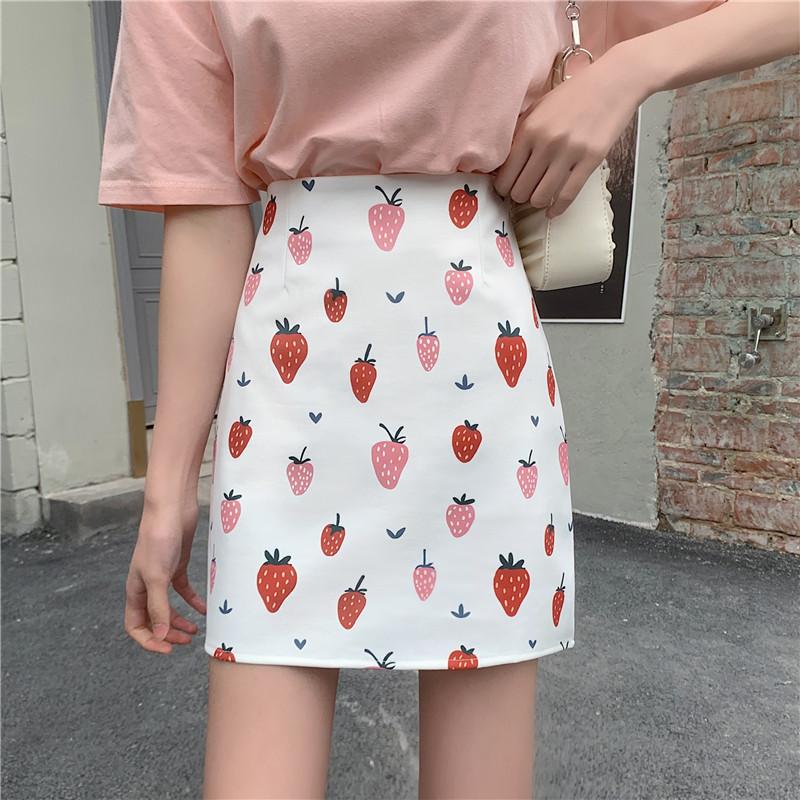 

Skirts 2021 Summer Womens A Line Fruit Strawberry Print Short Mini Skirt High Waist Harajuku Korean Y2K Trafaluc Falda, Pineapple