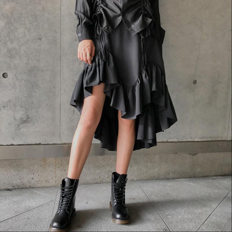 

Ruffle Elastic High Waist Flounce Women Skirts Mermaid Fishtail Irregular Midi Hip Spring Summer Asymmetrical Elegant, Black