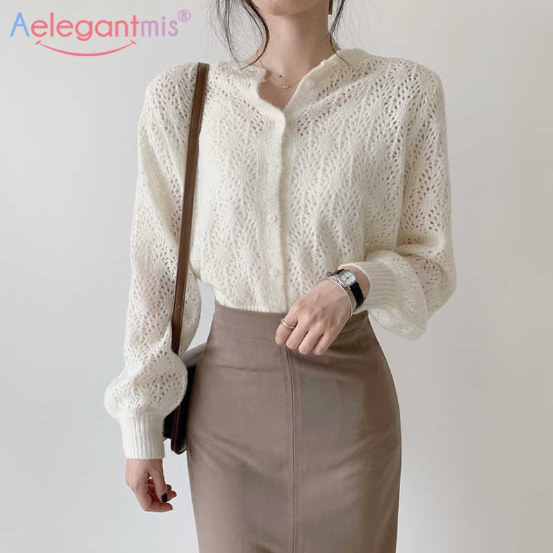

Aelegantmis Hollow Out Knitted Cardigan Women Vintage Elegant Korea Sweater Loose Single Breasted Casual Sweet Crop Jumpers Chic 210607, White