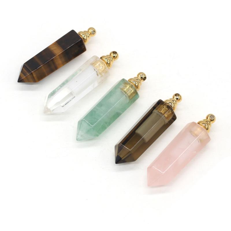 

Charms Natural Stone Perfume Bottle Crystal Column Pendants Tiger Eye Green Aventurine Pendant For Jewelry Making DIY Necklace 14x46mm, Bronze;silver