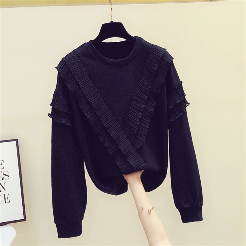 

Korean Style Autumn Women' Long Sleeves O Neck Ruffles Tops Girls Ladies Pullover Casual Hoodies Blouse A3932 210519, Beige