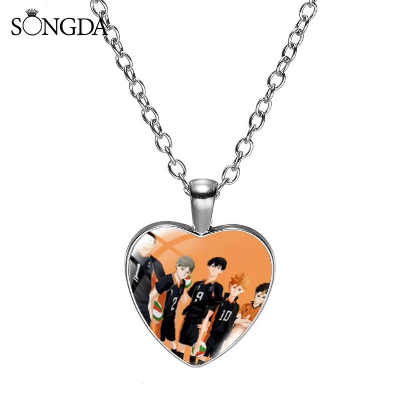 

Pendant Necklaces High School Volleyball Manga Haikyuu Necklace Hinata Shoyo Kageyama Tobio Anime Glass Cabochon Heart Fashion