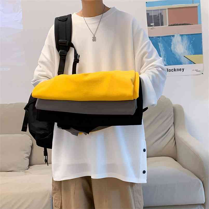 

Plus Size 5XL-S Autumn Fashion Side Split Buttons Decor Long Sleeve Oversized T-Shirts Men Clothing Loose Casual Tee Shirt Homme 210721, Black