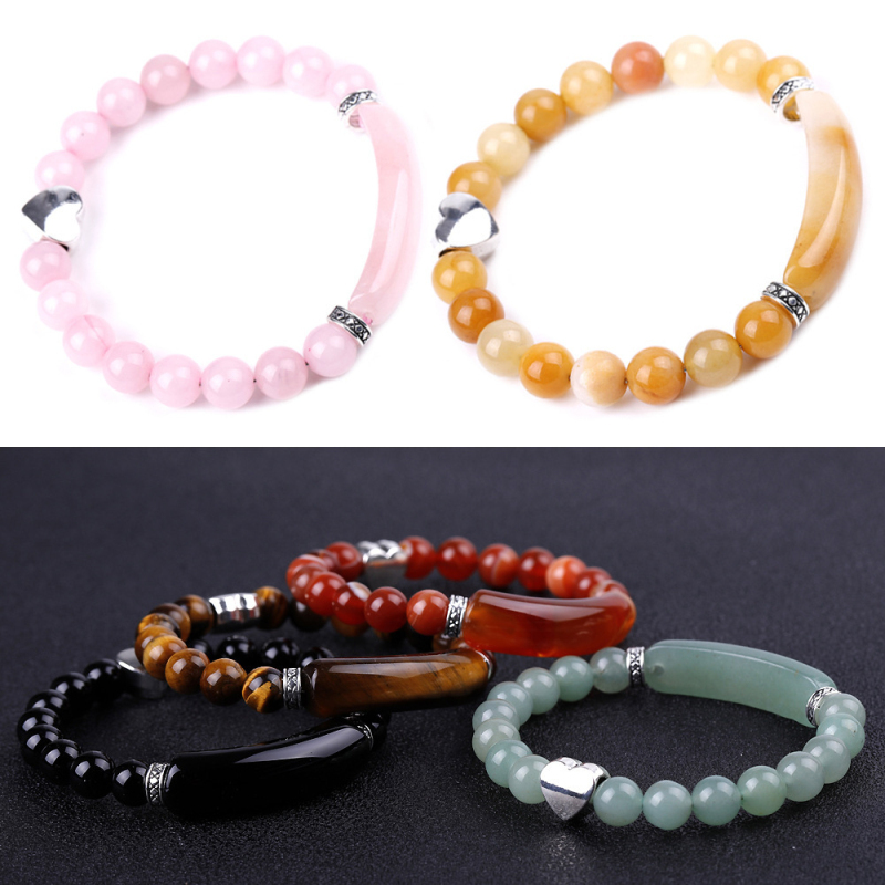 

New Trendy 8MM Natural Pink Crystal Agate Bead Strands Bracelet Silver Heart Charm Jewelry for Woman Man Lovers