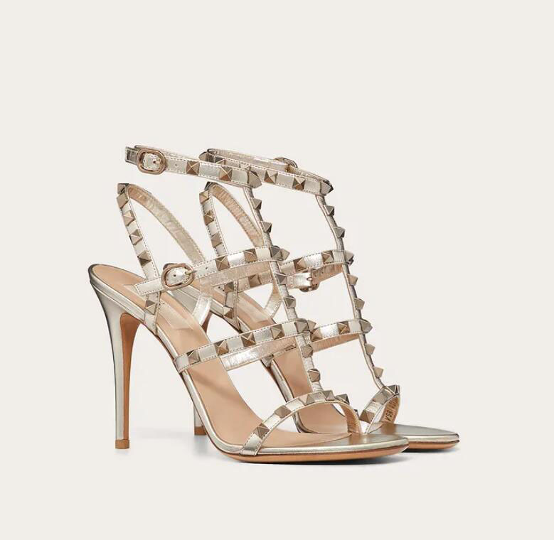 

Famous Stud Calfskin Leather Sandals Women High Heels Party Wedding Evening Ladies Rivets Strappy Sandalias EU 35-43 With Box