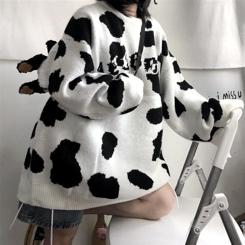 

Women' Sweaters Deeptown Kawaii Cow Spots Sweater Harajuku Vintage Pullover Korean Style Long Sleeve Winter Autumn 2021 Fashion Couple Clot, Black