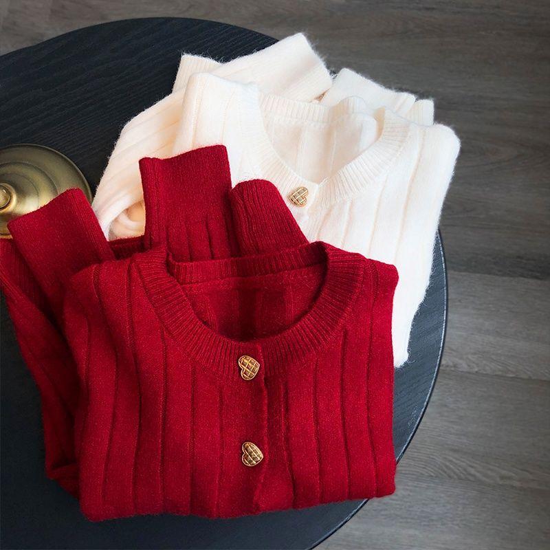 

Women's Knits & Tees Solid Color Round Neck Long-sleeved Knitted Cardigan Women 2021 Spring And Autumn Loose Striped Sweater Jacket, Red