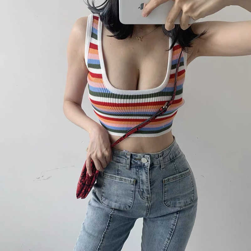 

Fashion street U-neck knitted vest women's short Rainbow Stripe suspender top summer SLEEVELESS MINI Vest 210604, Multi