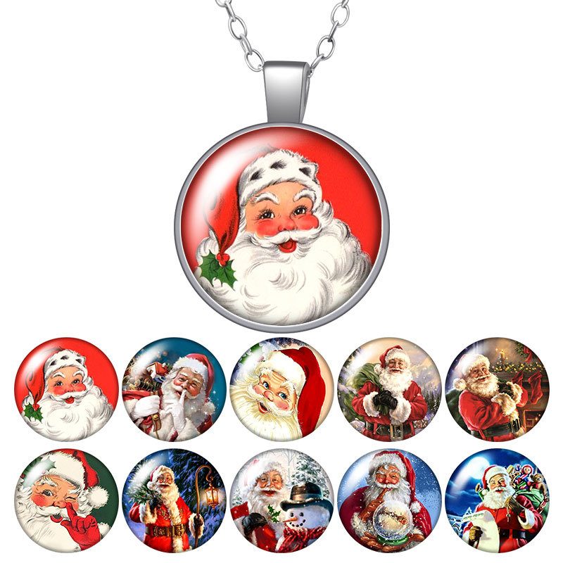 

Merry Christmas Santa Claus Gift Round Pendant Necklace 25mm Glass Cabochon Silver Color Jewelry Women Party Birthday Gift 50cm