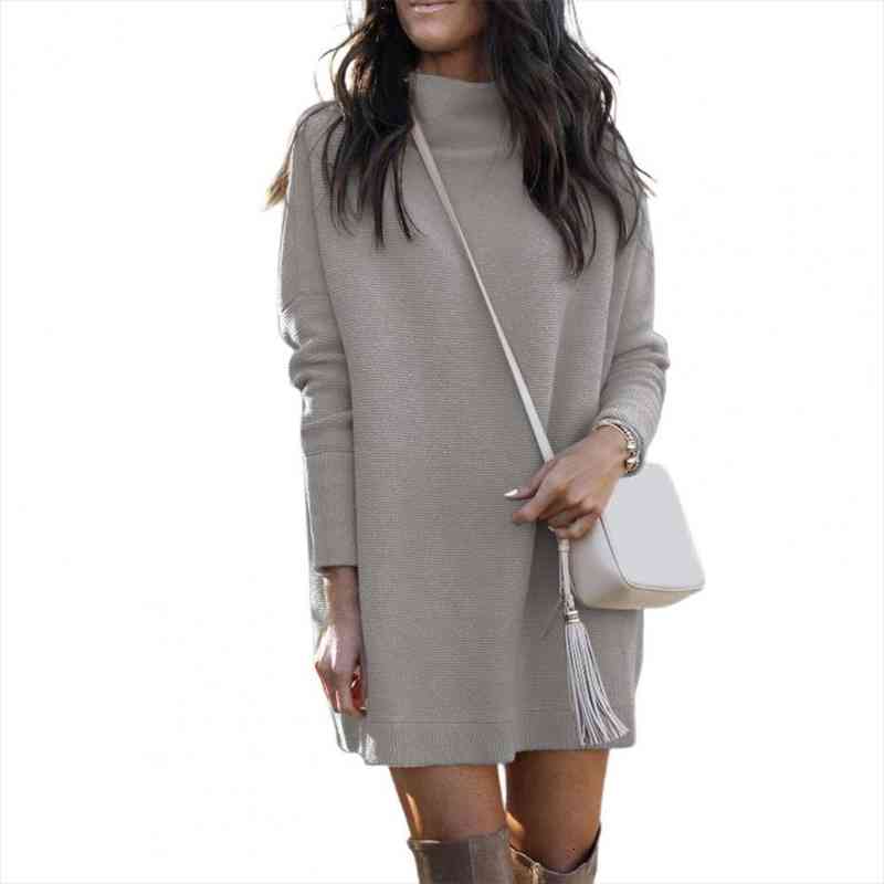 

60%weater solid color knitted womens dresses autumn winter round neck long mini for office, Black;gray