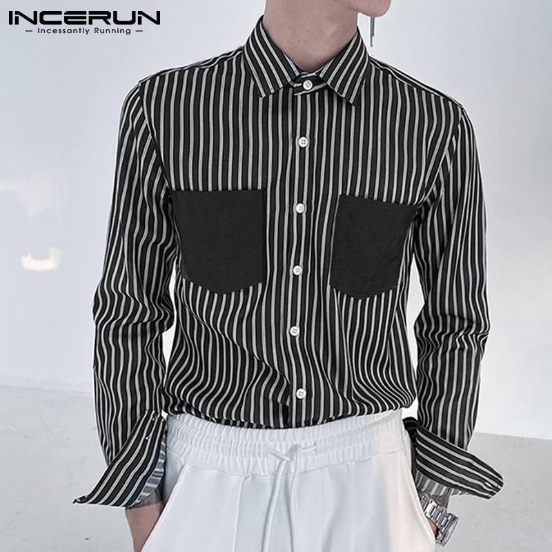 

2021 Spring Patchwork Long Sleeve Men Casual Shirts Fashion Turn Down Collar Striped Camisa Man Leisure Button Blusa 5XL, White;black