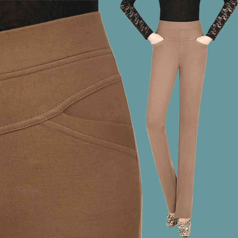 

summer Women pencil pants button fly formal trousers female skinny cotton high waist woman legging Plus size r XXXL 4XL 210519, Dark khai