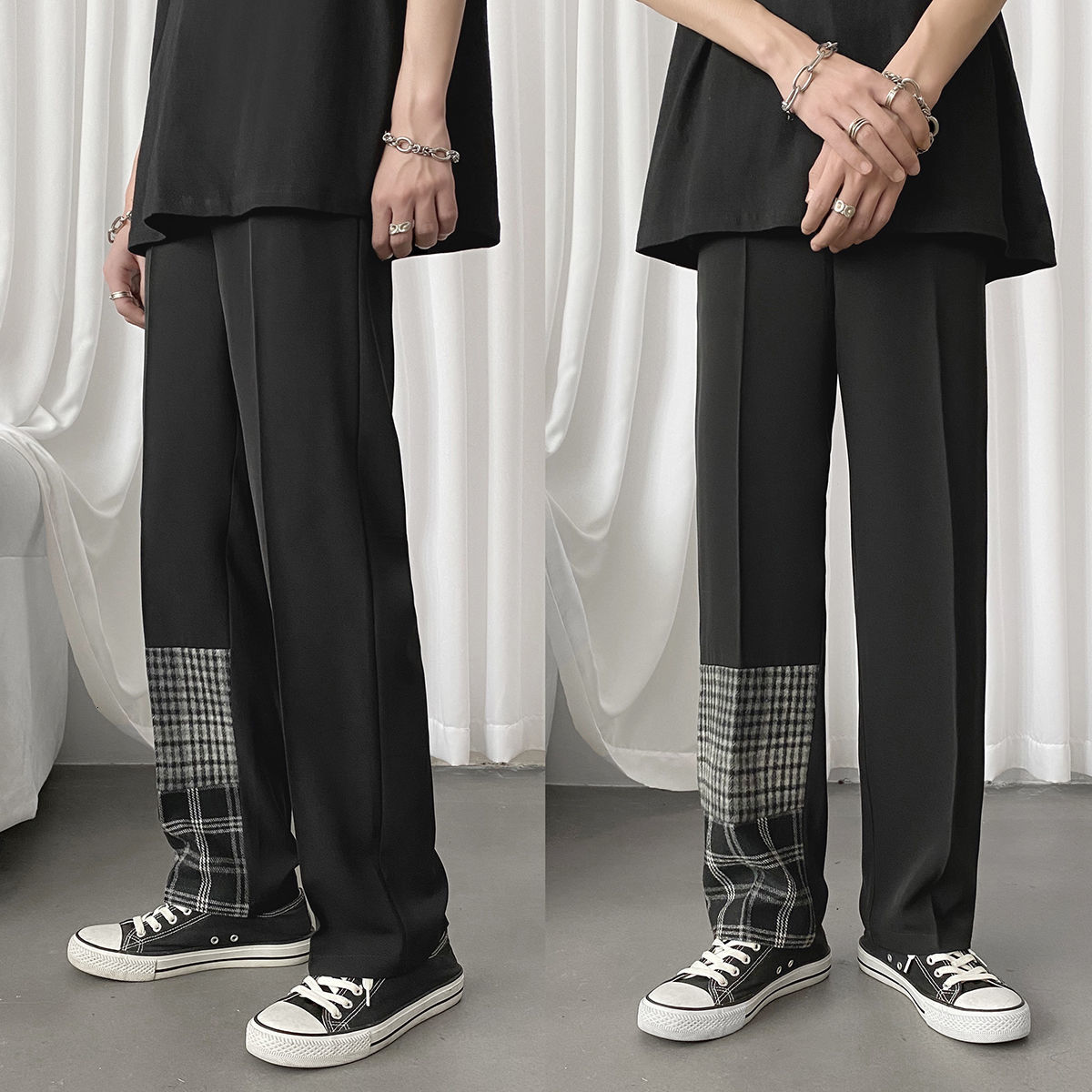

Men's Pants Stitching Formal Casual Office Trousers Business Design Wide Leg Cotton Social Black Color Suits 9NCE