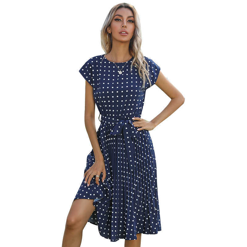 

Summer Ladies Boho Dress Polka Dots Print Bandage Short Sleeve Temperament O Neck Ruffle Casual Loose Streetwear Women Dresses 210608, Pink