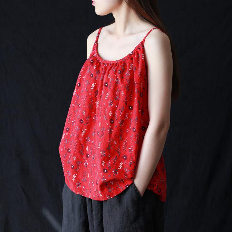 

Johnature Women Clothes Summer Tops Casual Print Flower Vintage Regular Loose Cotton Red Women Camis 210521