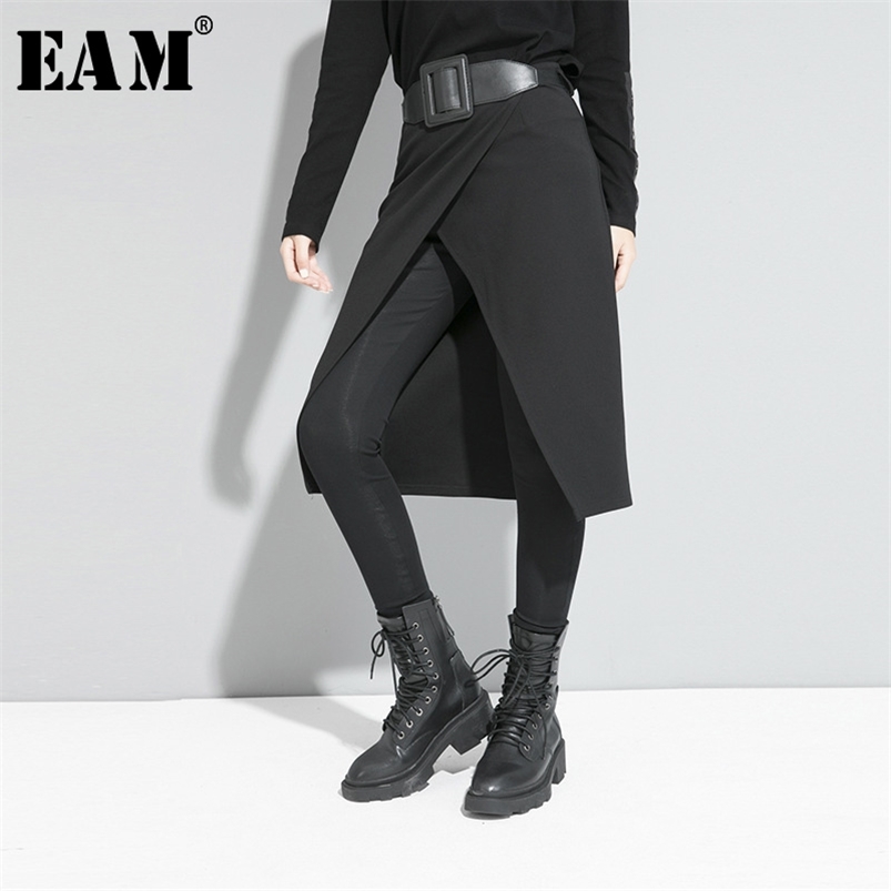 

[EAM] High Elastic Waist Black Stitch Long False Two Trousers Loose Fit Pant Fashion Spring Autumn 1S191 210721