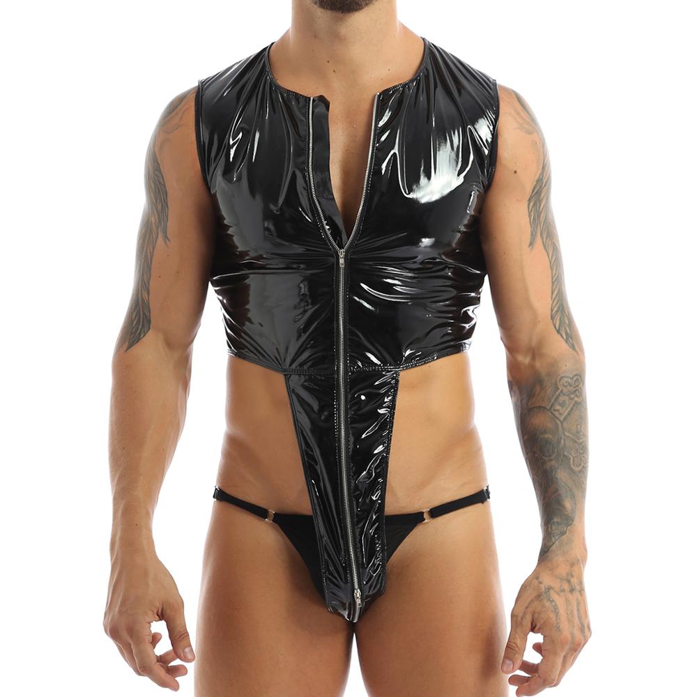 

Mens One-piece PVC Leather Bodysuit Sexy High Cut Thong Leotard Bodysuit Sissy Wetlook Zipper Open Crotch Latex Catsuit Clubwear