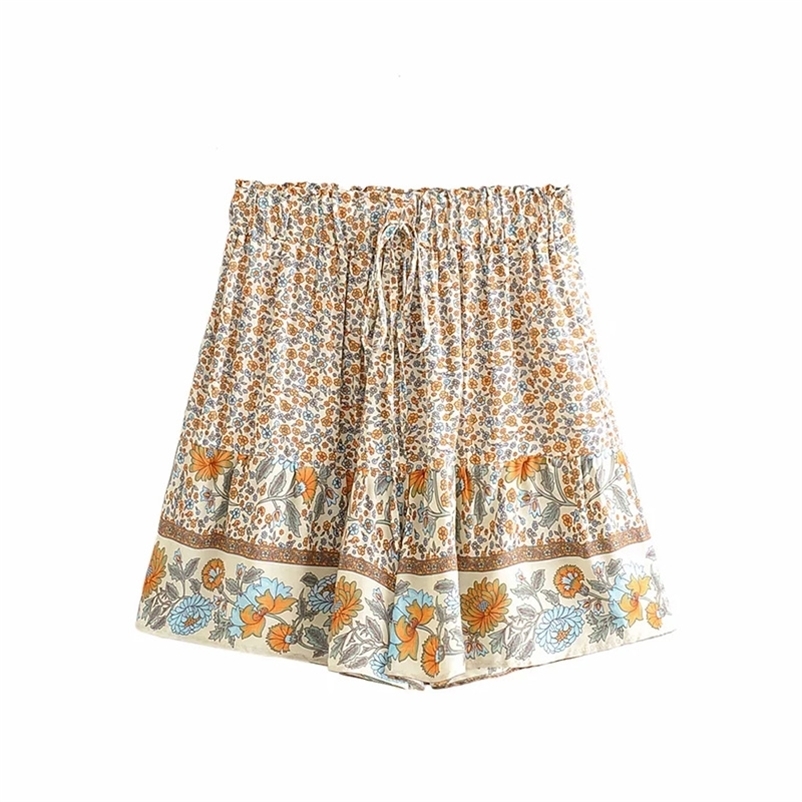 

women's summer drawstring print shorts elastic waist vintage female Casual 210524, Creamy-white