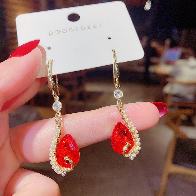 

Stud Temperament Red Peacock Earrings Female Micro-inlaid Zircon Trend Design Sense Creative Wholesale Jewelry, Golden;silver