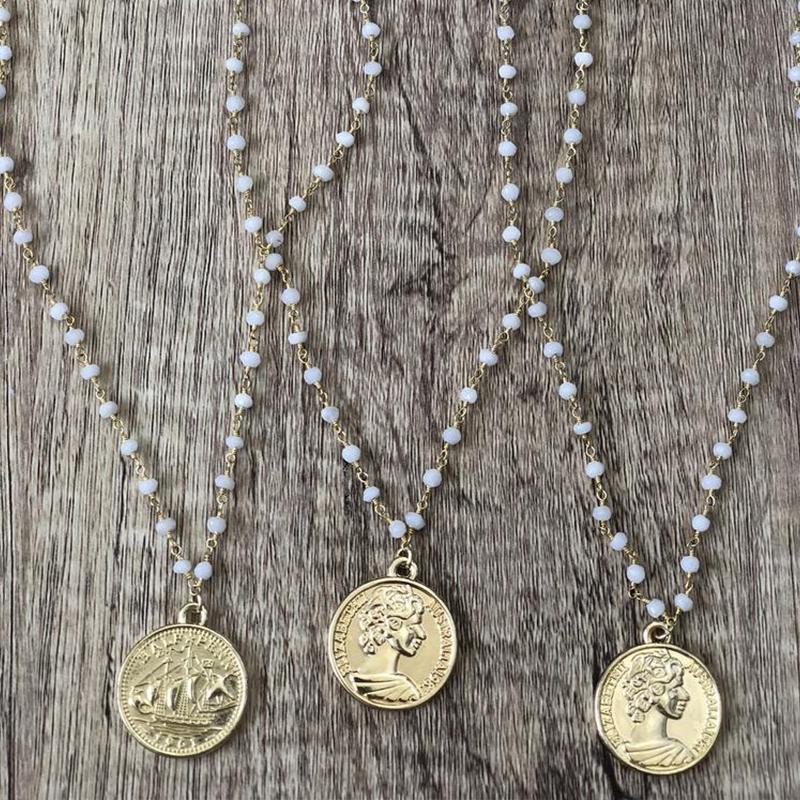 

Fashion Beaded Necklace Crystal Gold Long Sweater Chain Portrait Coin Pendant Chains, Silver