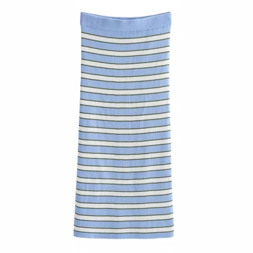 

High Waist Women Spring Skirts Vintage Knitting Long Skirt Faldas Jupe Femme Striped knit Saia 210520, Sky blue