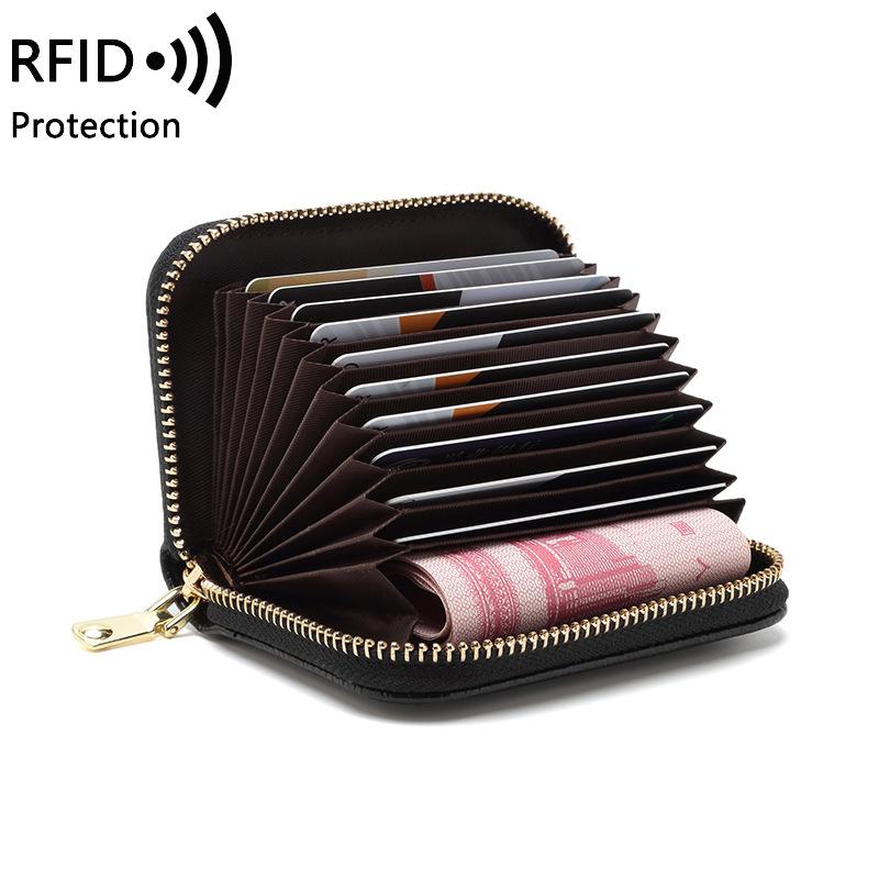 

Card Holders Layer Cowhide Organ Bag RFID Anti-theft Ladies Men's Business Multifunctional Zipper Wallet, Black