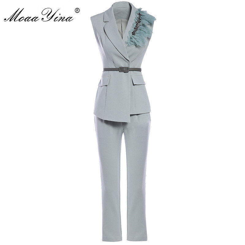 

Fashion Designer Suit Spring Autumn Women Crystal Tops+3/4 pants Two-piece set 210524, Turquoise