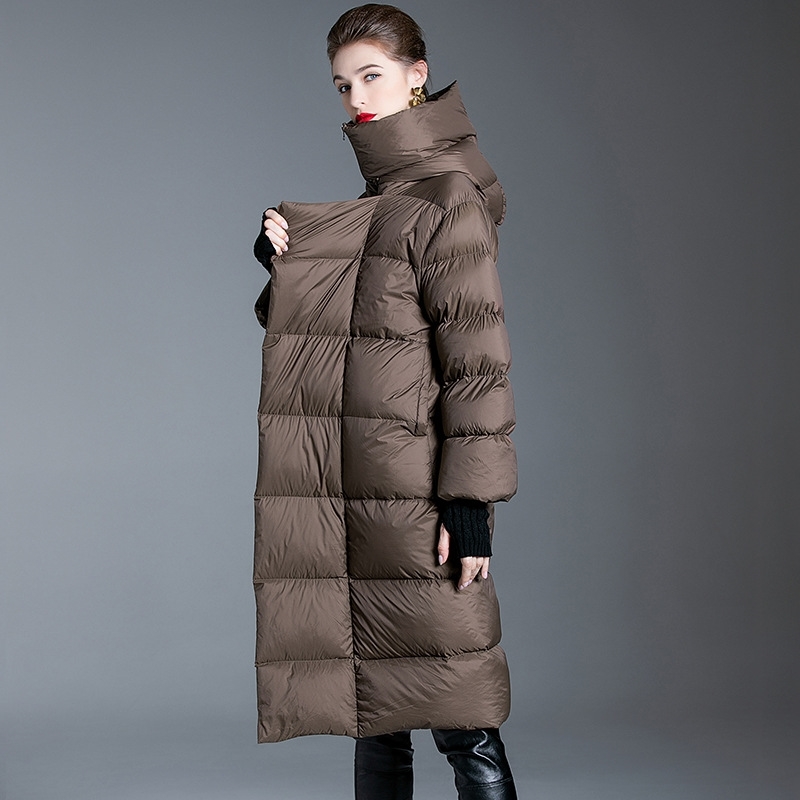 

2021 autumn new women's middle and long knee loose hooded thickened white duck down bread jacket winter fashion, Black