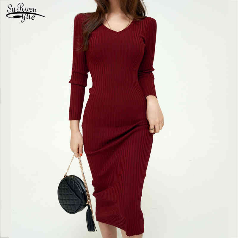 

Knit Sweater Dress Women Solid Vintage Long Sleeve V-Neck Winter Midi for Clothing Robe Femme 12700 210521, Black