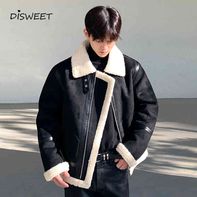 

downs Solid Lapel Korean Loose Lamb Veet Zipper Men's Jacket Winter Warm Slim Plus Size Top Boy, Black