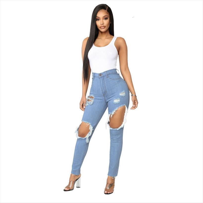 

hole high waist fashion women jean ripped pencil denim summer casaul skinny calca boyfriend, Blue