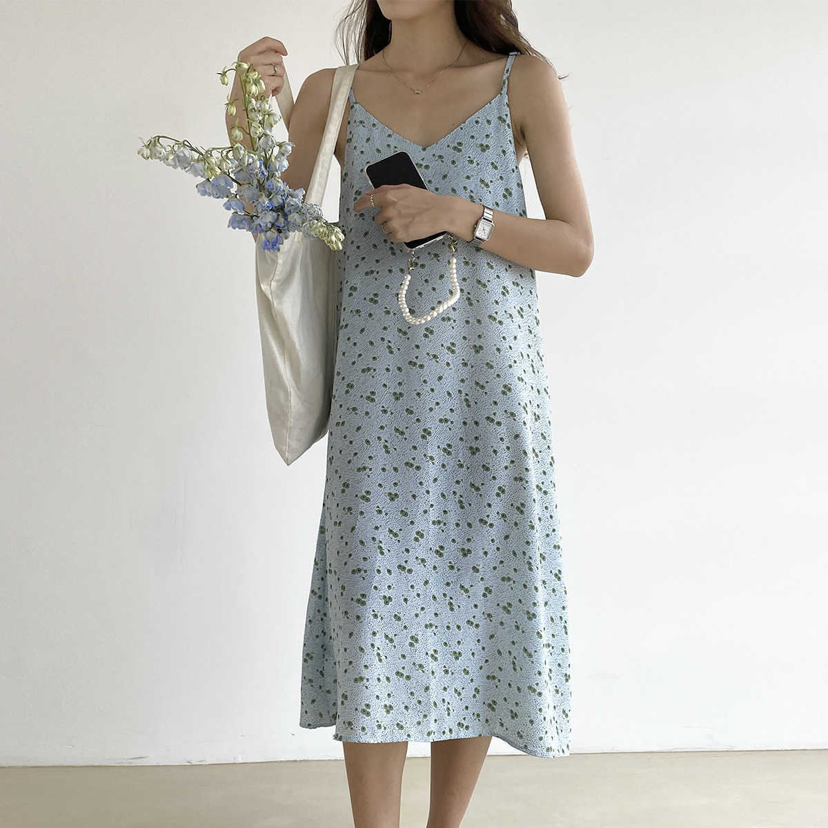 

Flower Print Soft Long Dress Summer Sexy V Collar Spaghetti Strap 210607, Blue