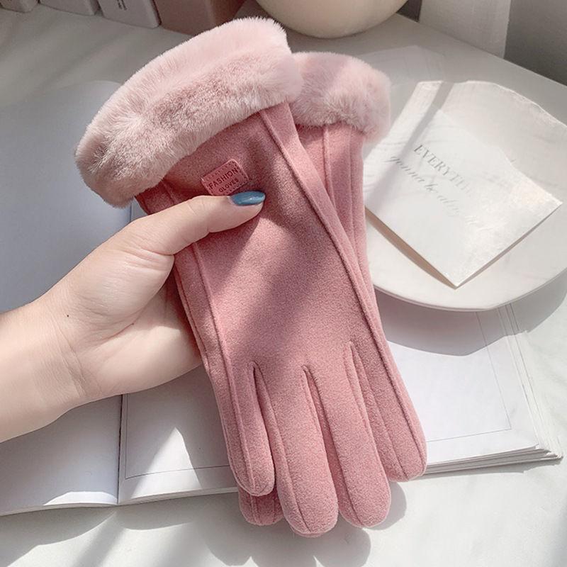 

Five Fingers Gloves Winter Women Touch Screen Thicken Windproof Warm Cute Plus Plush Outdoor Cycling Driving Mittens, Blue;gray