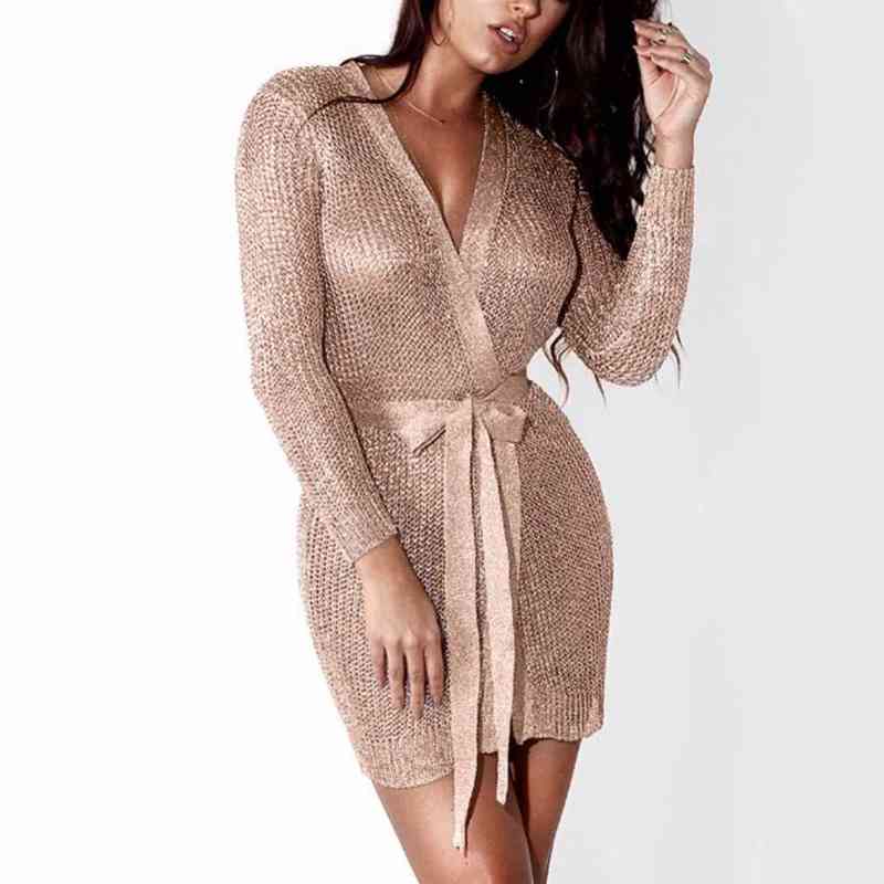 

Women Sexy Dress Knitted Sweater Dress Silver Gold Club Party Bodycon Dress Deep V-neck Long Sleeve Cardigan Robe with Belt 2018 G1214, Black
