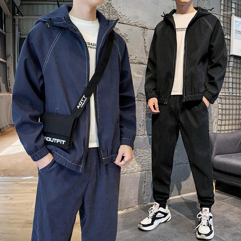 

Men's Tracksuits Sweatshirt Hoodies Coat Sweatpants 2 Pieces Set Hooded Jacket Long Trousers Loose Casual Clothing Black Green Blue H11, Gray