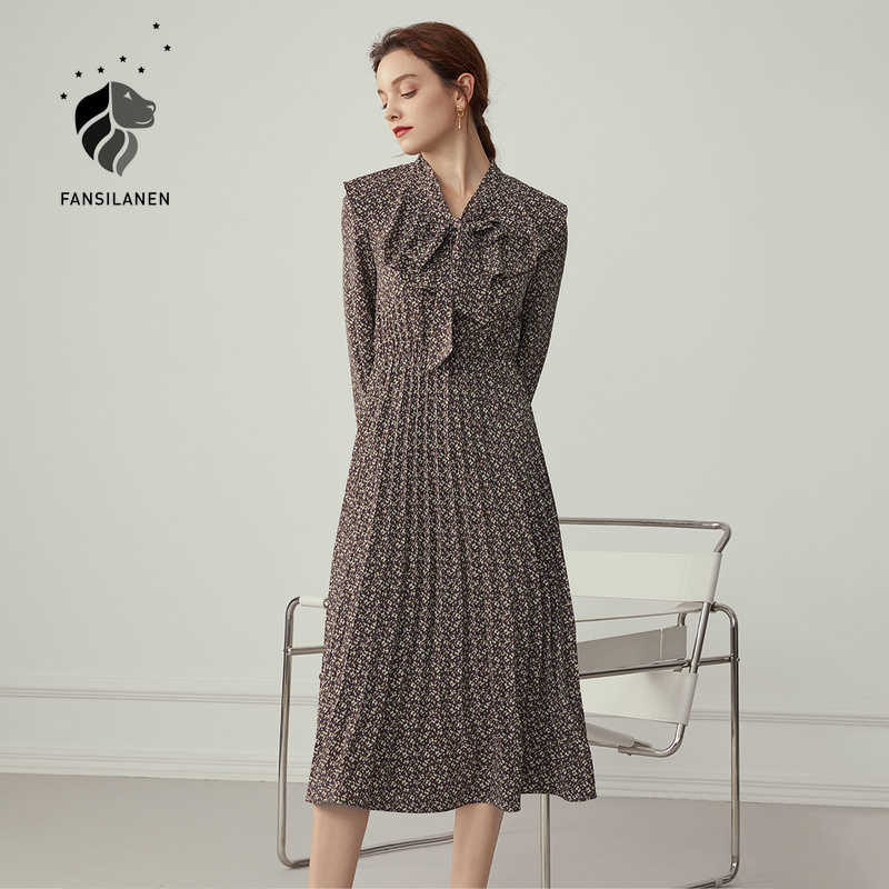 

FANSILANEN Floral print ruffle pleated dress Women long sleeve v neck vintage Autumn spring bow bandage office 210607, Brown