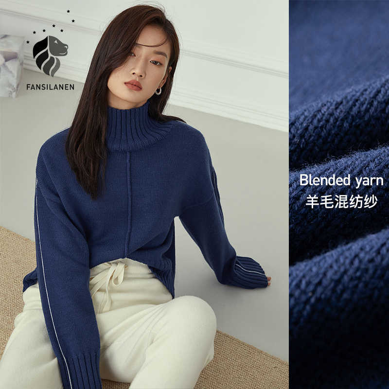 

FANSILANEN Side striped blue turtleneck knitted sweater Women oversized casual pullover Long sleeve knitwear jumper top female 210607