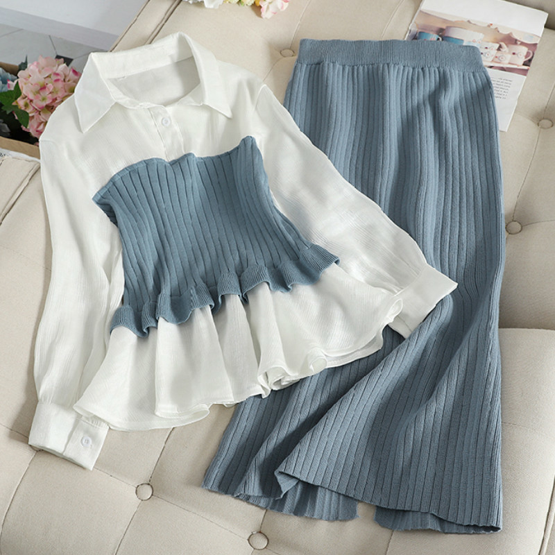 

Autumn Winter Fashion Sets Blouse Patchwork Pullover Knitwear + Split Slim Knit Mid Skirt Women Elegant Suits Plus size 210518, Blue