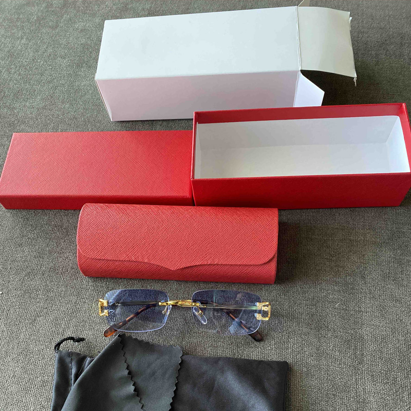 

Red Fashion Sport Sunglasses Unisex Buffalo Horn Glasses Men Women Rimless Sun Gasses Silver Gold Metal Frame Eyewear Lunettes with Box